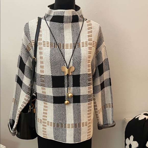 By Design Sweaters - Plaid Turtleneck Sweater - Black and White